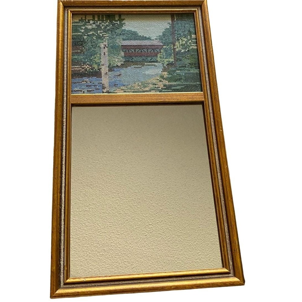 Cross stitch covered bridge With Mirror VTG Wood‎ Framed w Mirror granny chic